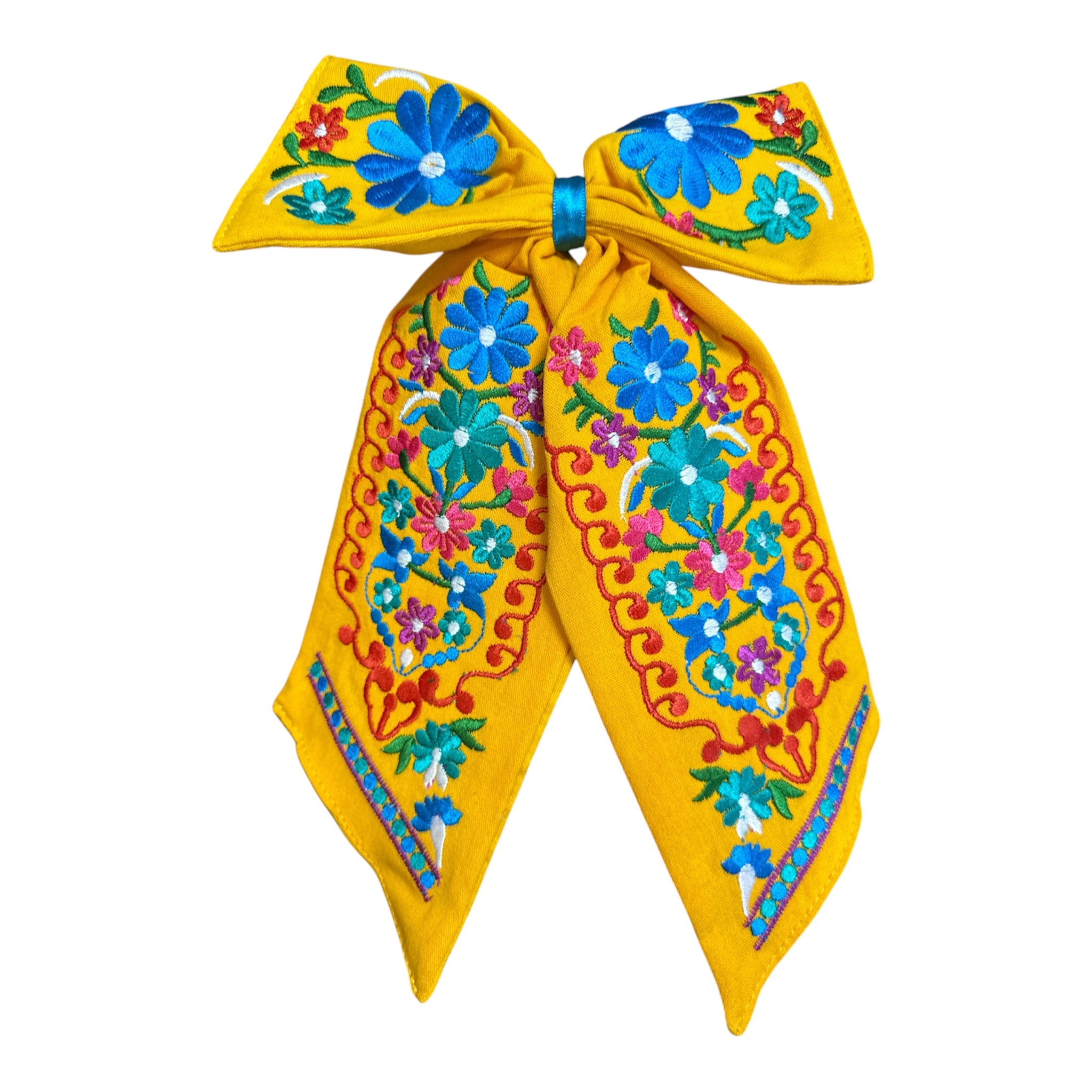 Moño Artesanal Bordado con Flores Mexicanas