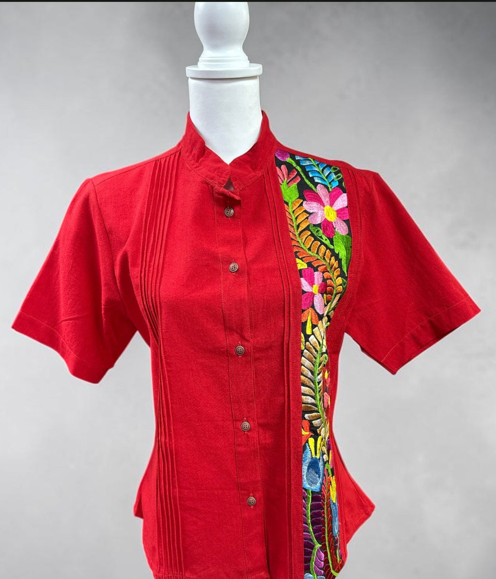 Women's embroidered guayabera blouse in red – Mexican artisan guayabera with floral embroidery