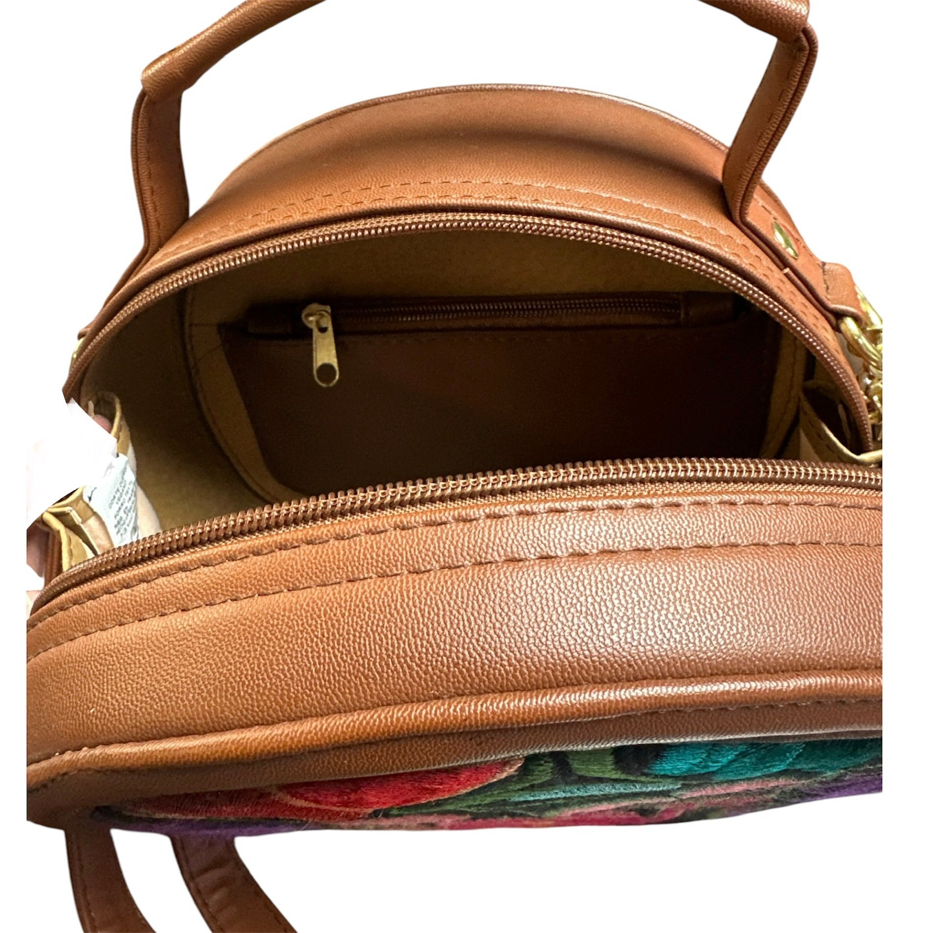 Bolsa 100%piel Redonda Bordada con Flores / leather Round Embroidered Floral Bag