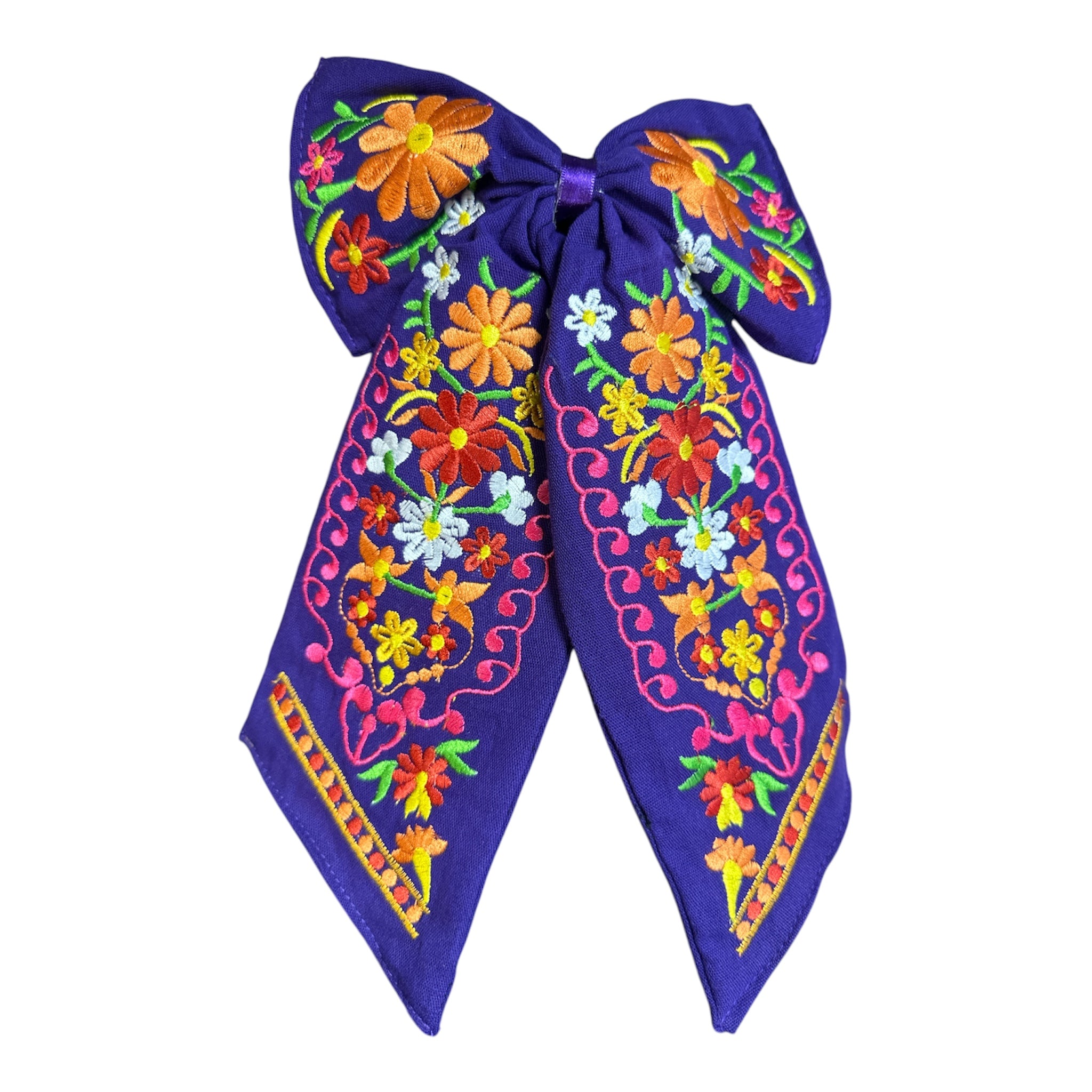 Moño Artesanal Bordado con Flores Mexicanas