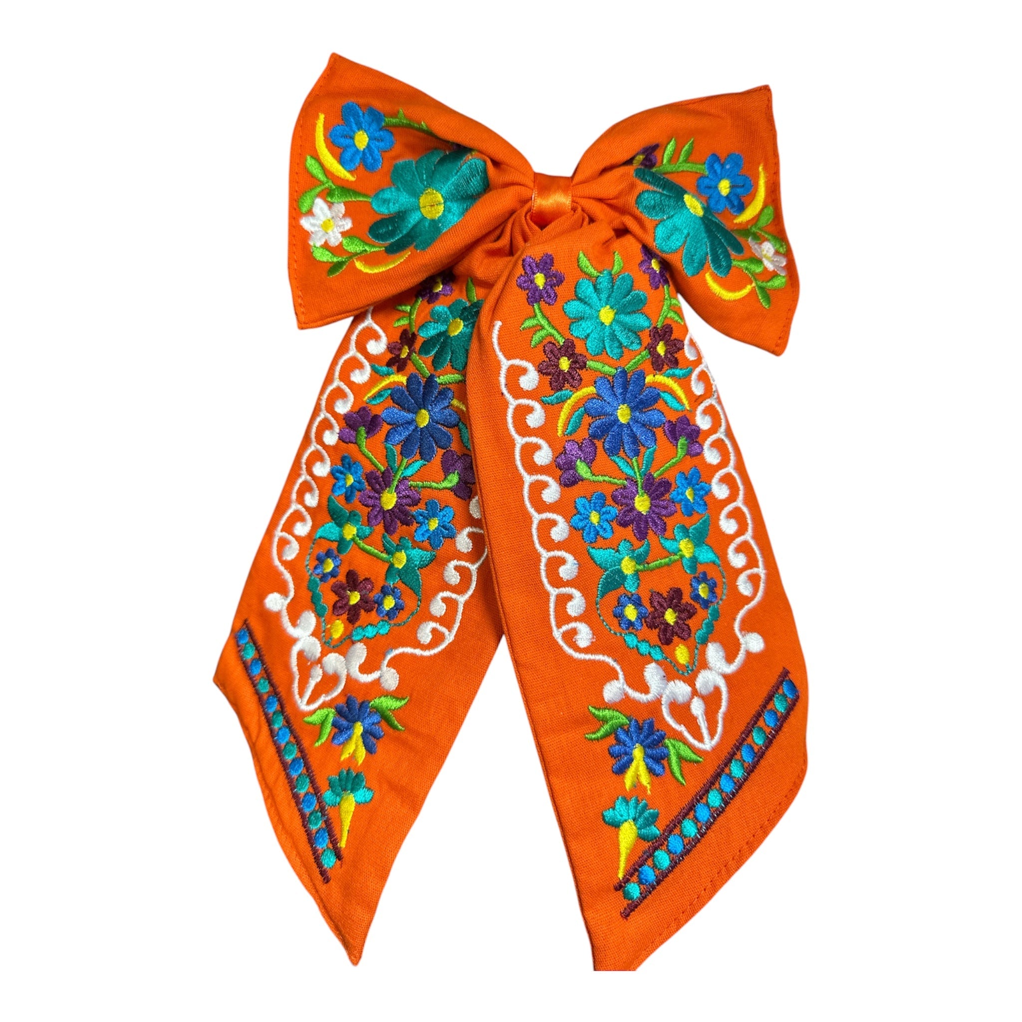 Moño Artesanal Bordado con Flores Mexicanas