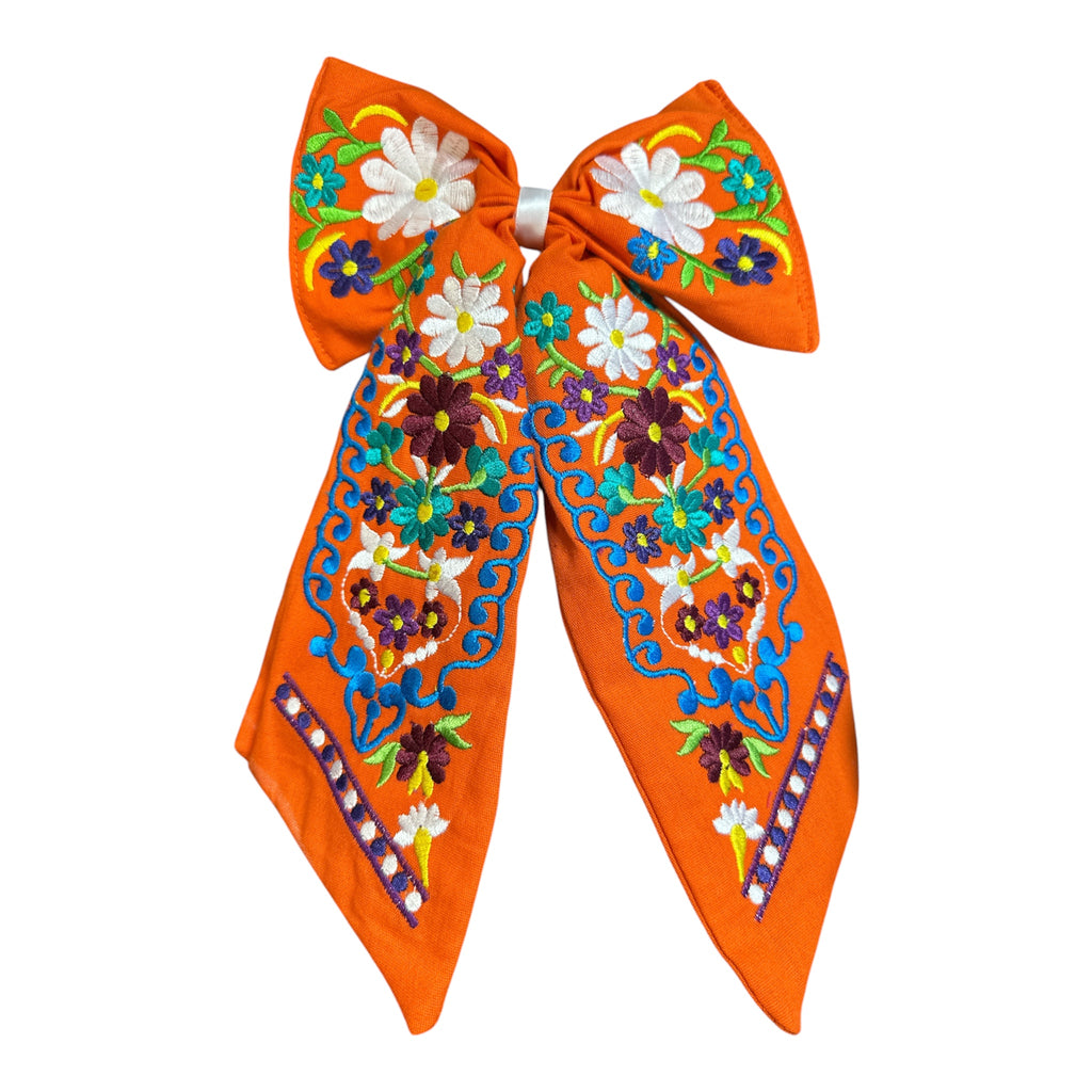 Moño Artesanal Bordado con Flores Mexicanas