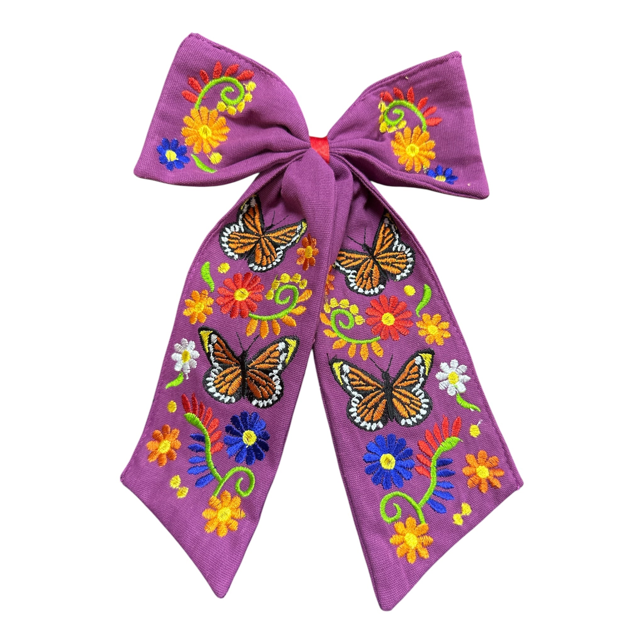 Moño Artesanal Bordado con Mariposas y Flores / Embroidered Artisan Hair Bow with Butterflies & Flowers