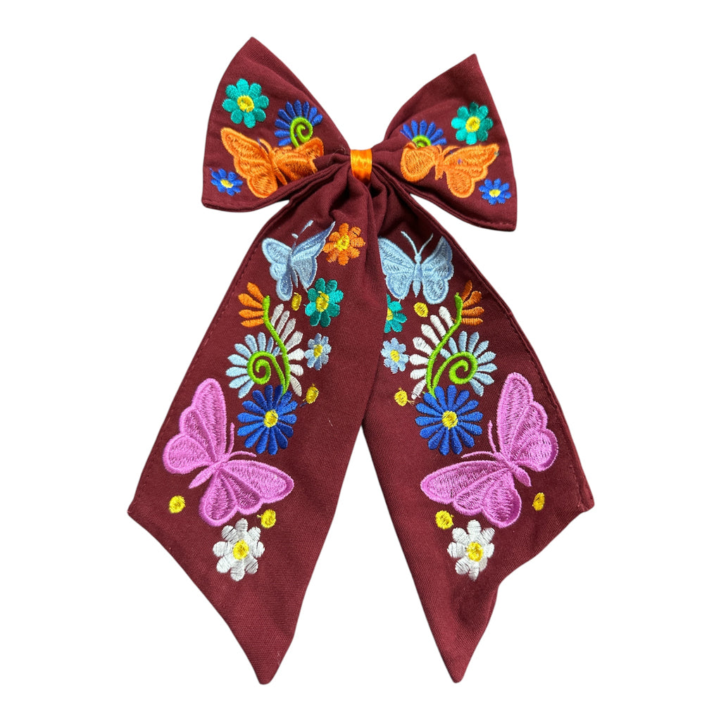 Moño Artesanal Bordado con Mariposas y Flores / Embroidered Artisan Hair Bow with Butterflies & Flowers