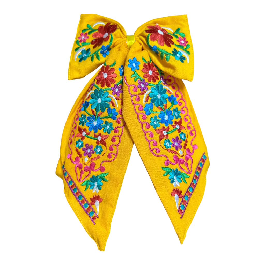 Moño Artesanal Bordado con Flores Mexicanas
