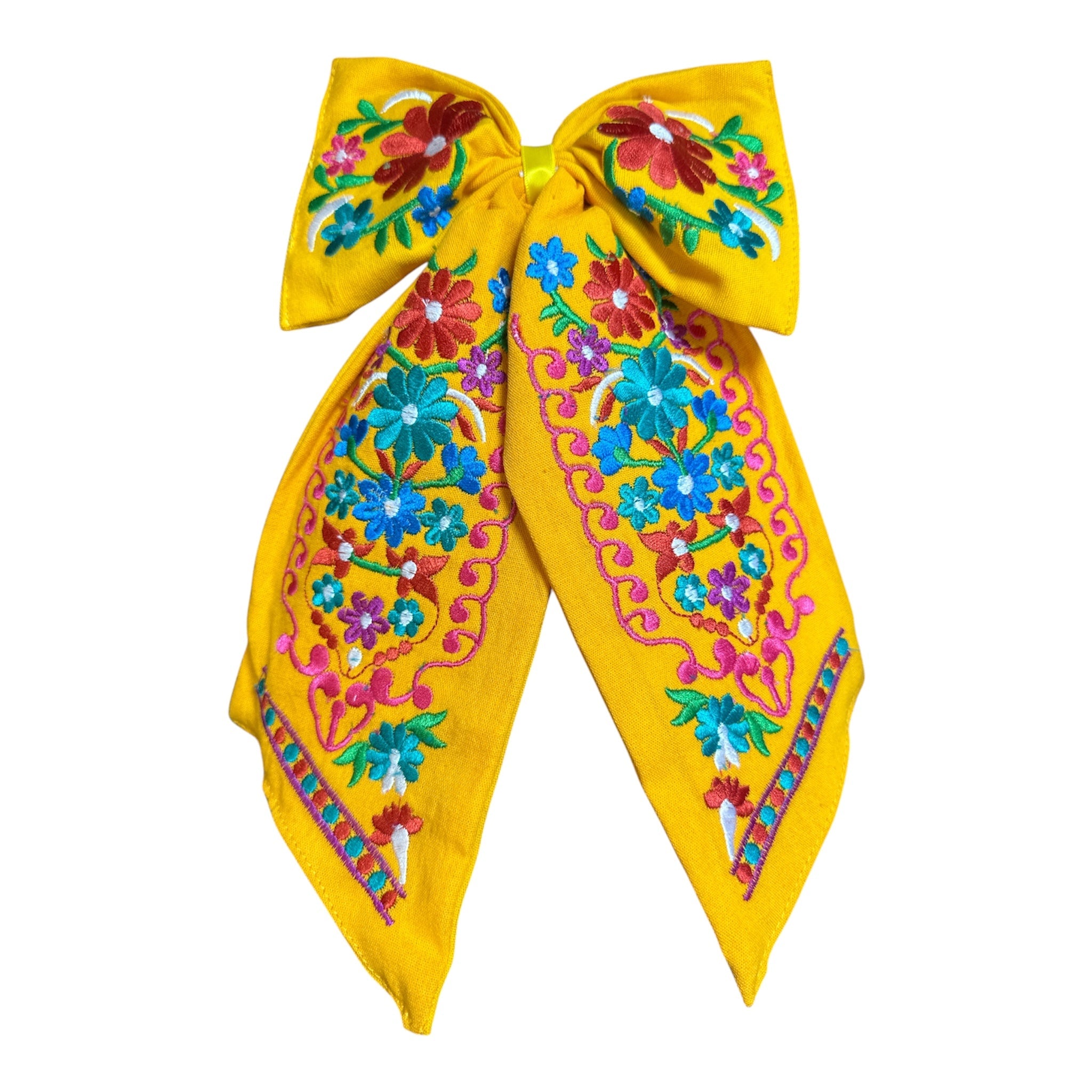 Moño Artesanal Bordado con Flores Mexicanas