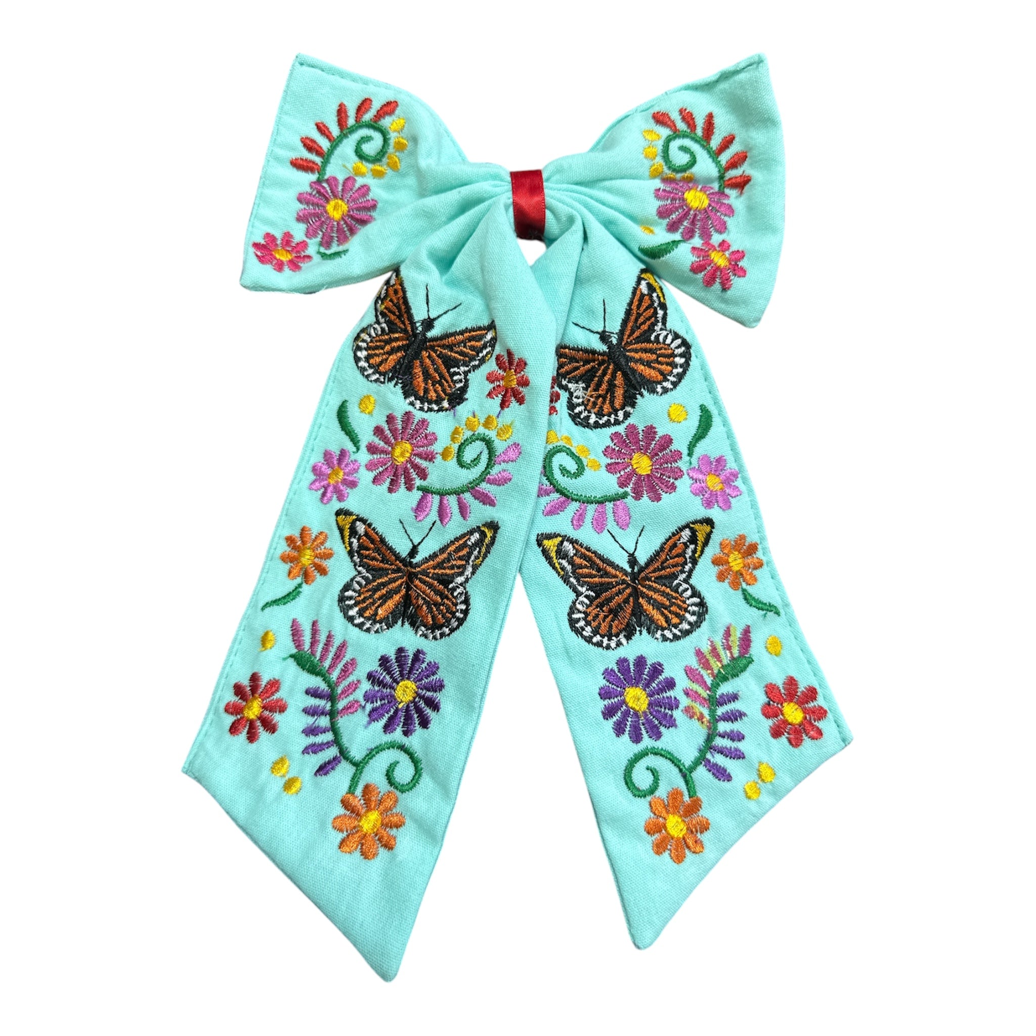 Moño Artesanal Bordado con Mariposas y Flores / Embroidered Artisan Hair Bow with Butterflies & Flowers