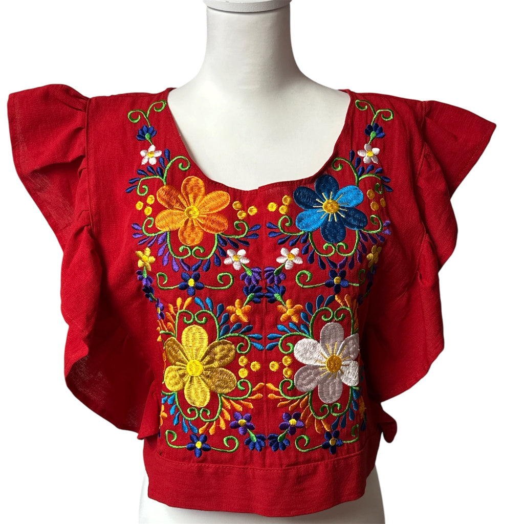Blusa Artesanal Mexicana con Bordado Floral y Mangas Volantes | Mexican Hand-Embroidered Artisan Blouse