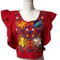 Blusa Artesanal Mexicana con Bordado Floral y Mangas Volantes | Mexican Hand-Embroidered Artisan Blouse