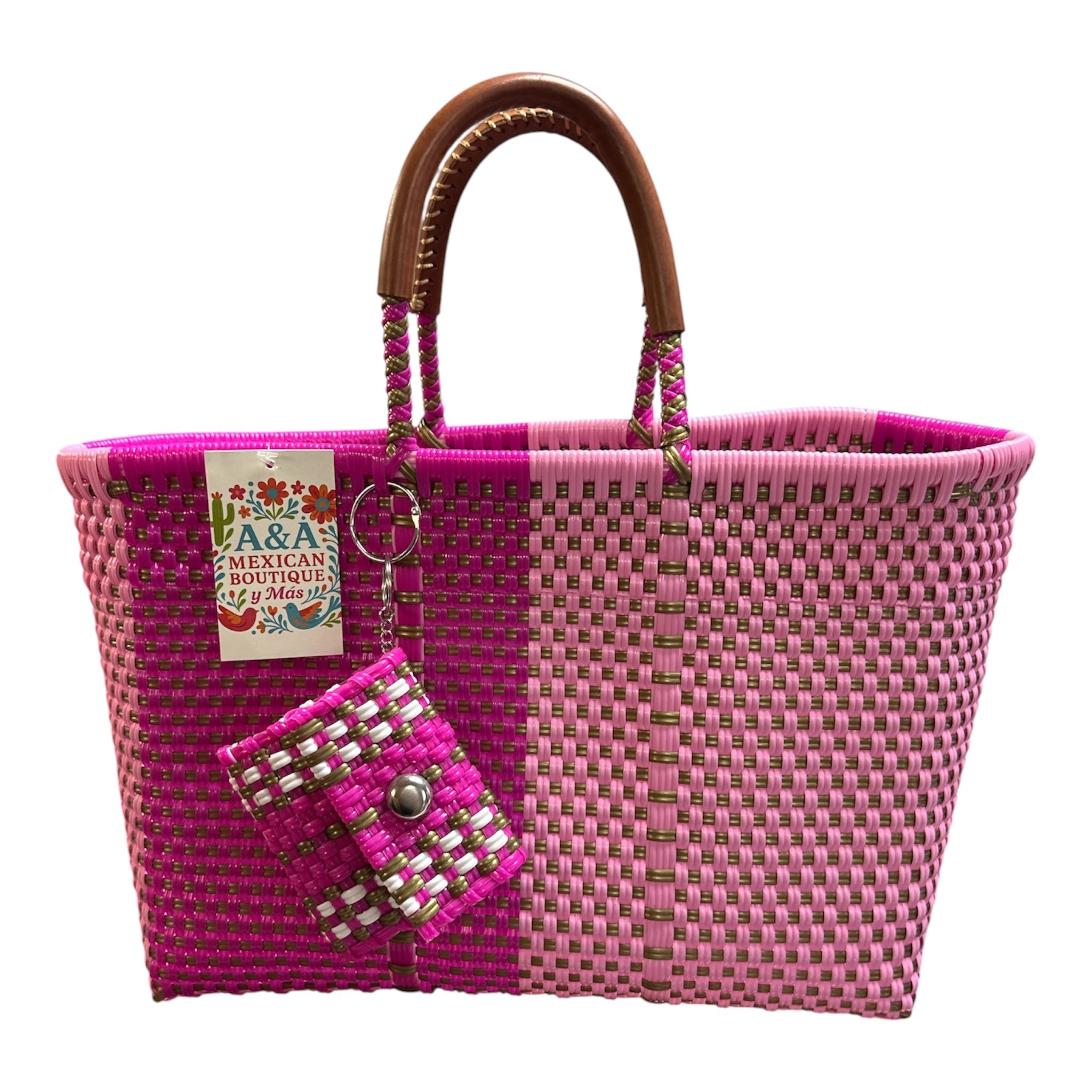 Handwoven Mexican market tote bag with mini coin purse – artisan woven set in coordinating colors
