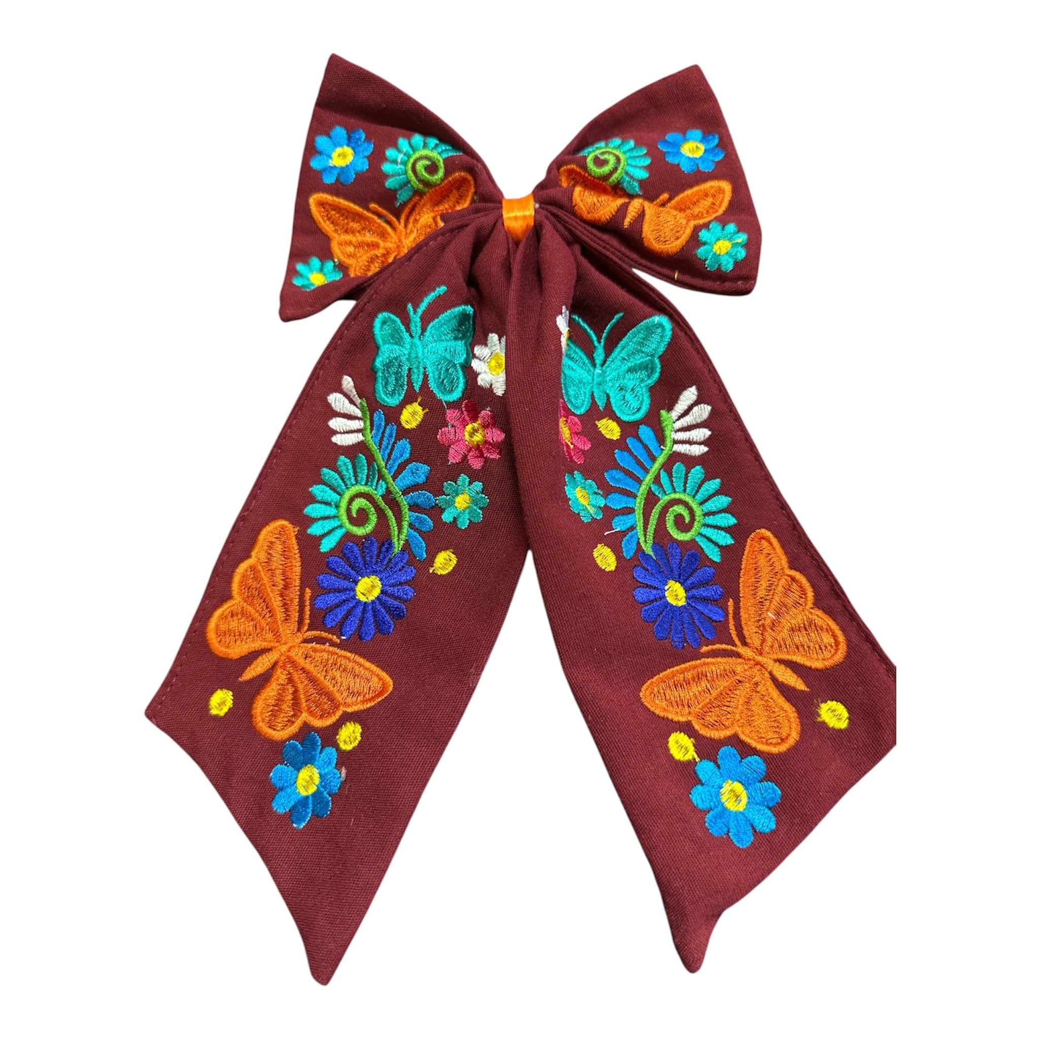 Moño Artesanal Bordado con Mariposas y Flores / Embroidered Artisan Hair Bow with Butterflies & Flowers