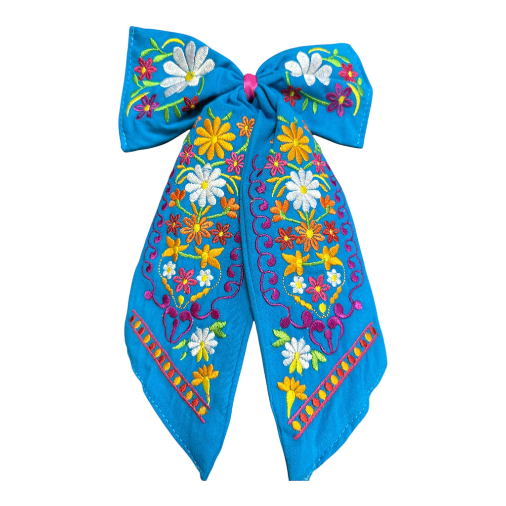 Moño Artesanal Bordado con Flores Mexicanas