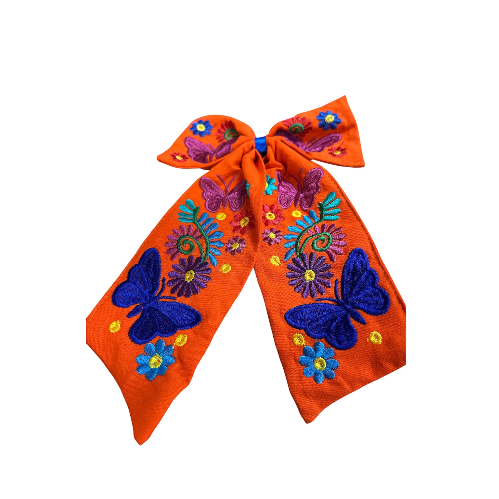 Moño Artesanal Bordado con Mariposas y Flores / Embroidered Artisan Hair Bow with Butterflies & Flowers