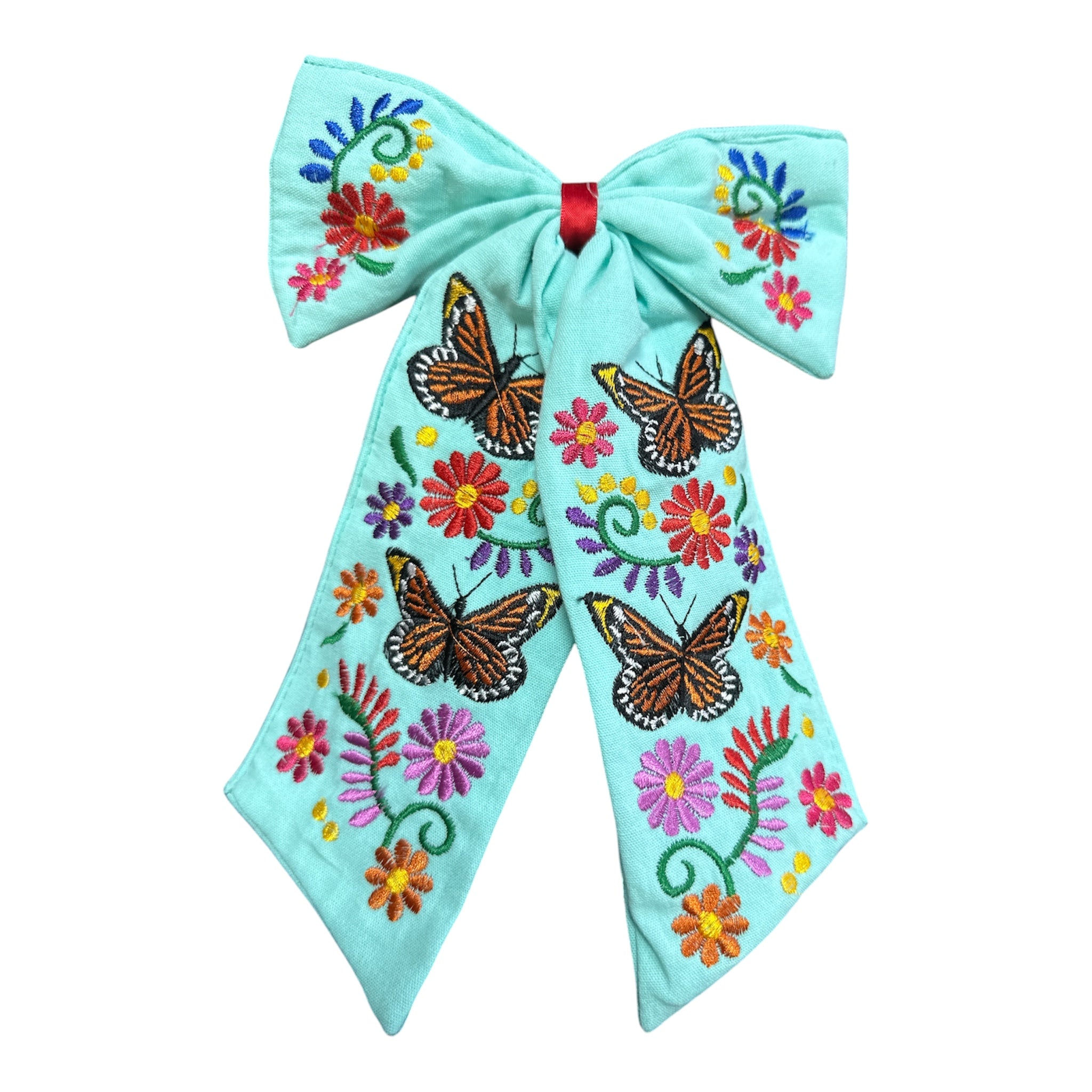 Moño Artesanal Bordado con Mariposas y Flores / Embroidered Artisan Hair Bow with Butterflies & Flowers
