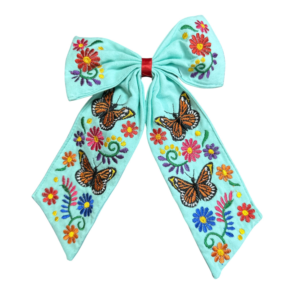 Moño Artesanal Bordado con Mariposas y Flores / Embroidered Artisan Hair Bow with Butterflies & Flowers