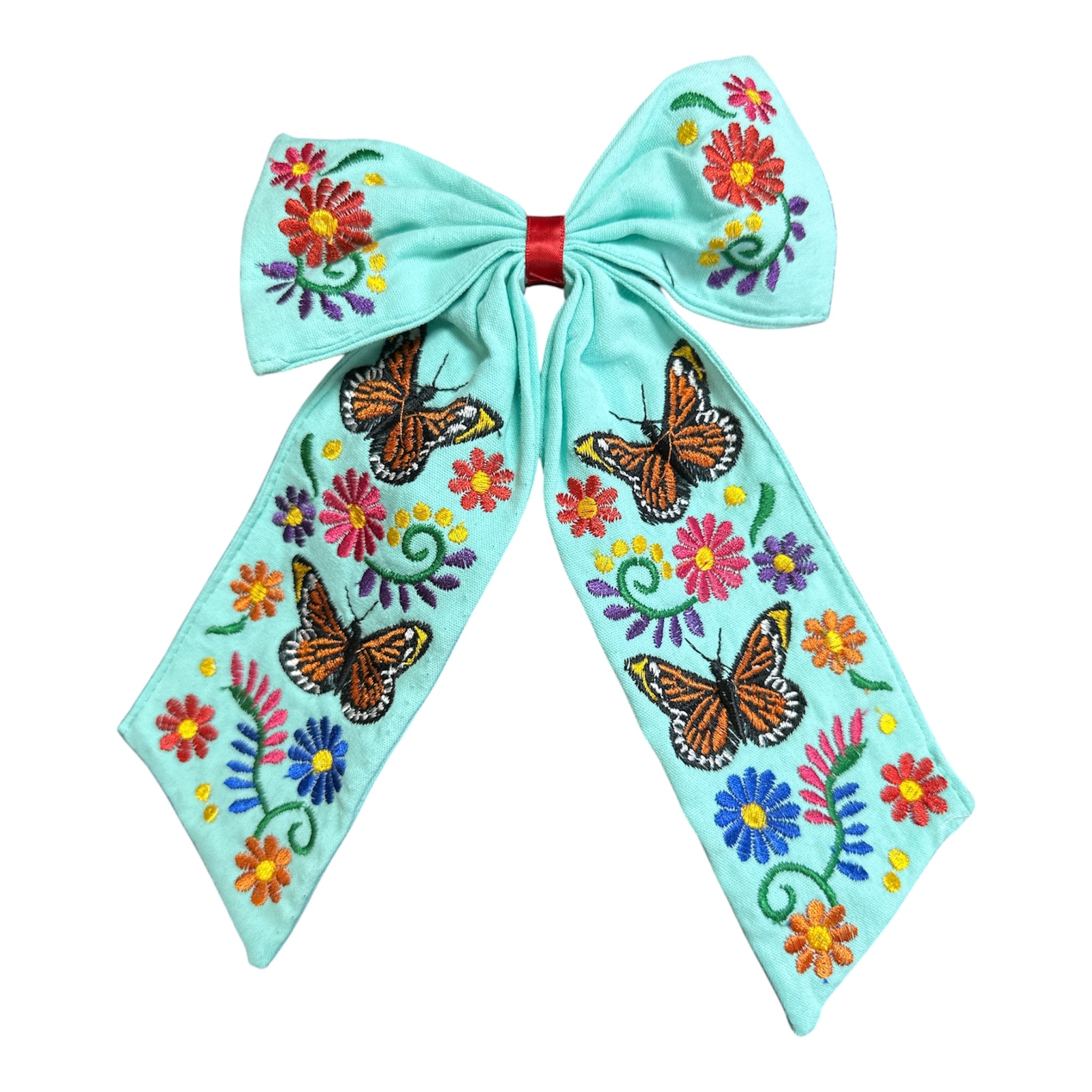 Moño Artesanal Bordado con Mariposas y Flores / Embroidered Artisan Hair Bow with Butterflies & Flowers