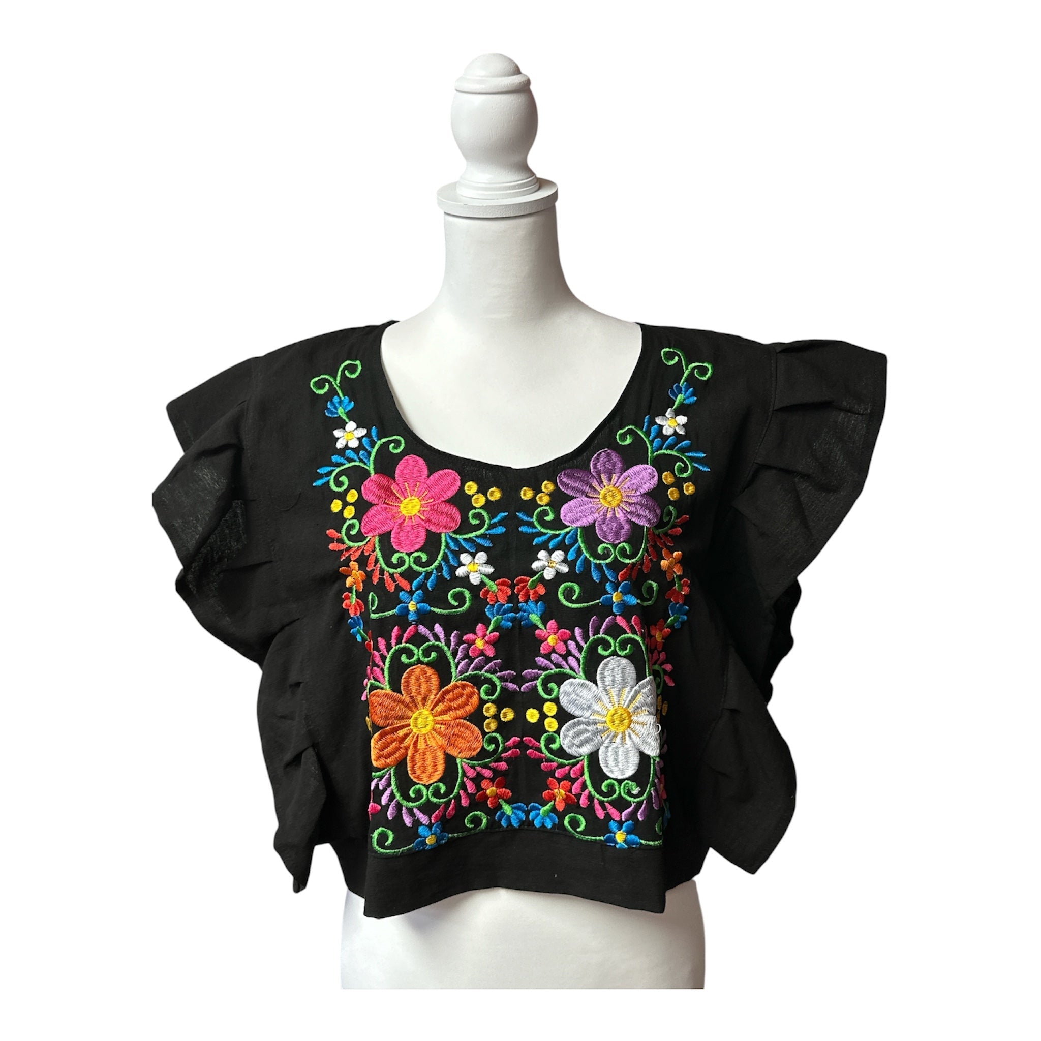 Blusa Artesanal Mexicana con Bordado Floral y Mangas Volantes | Mexican Hand-Embroidered Artisan Blouse