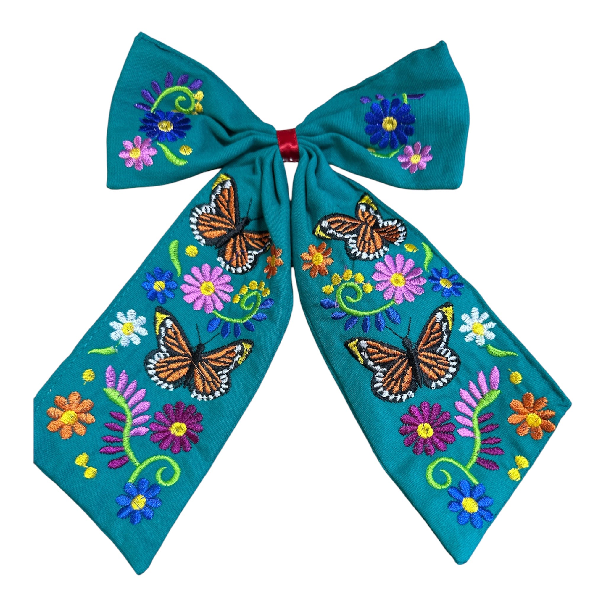 Moño Artesanal Bordado con Mariposas y Flores / Embroidered Artisan Hair Bow with Butterflies & Flowers