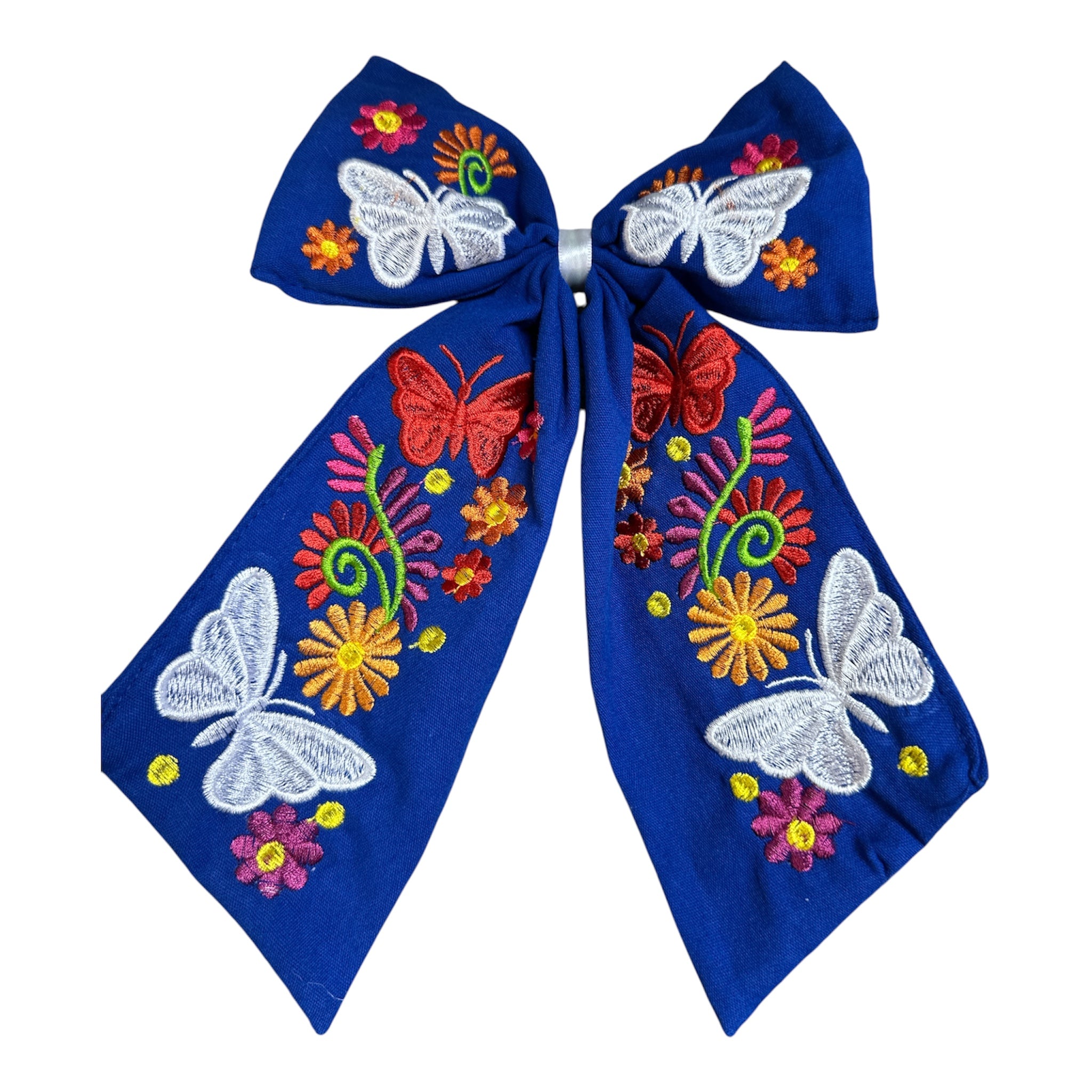 Moño Artesanal Bordado con Mariposas y Flores / Embroidered Artisan Hair Bow with Butterflies & Flowers