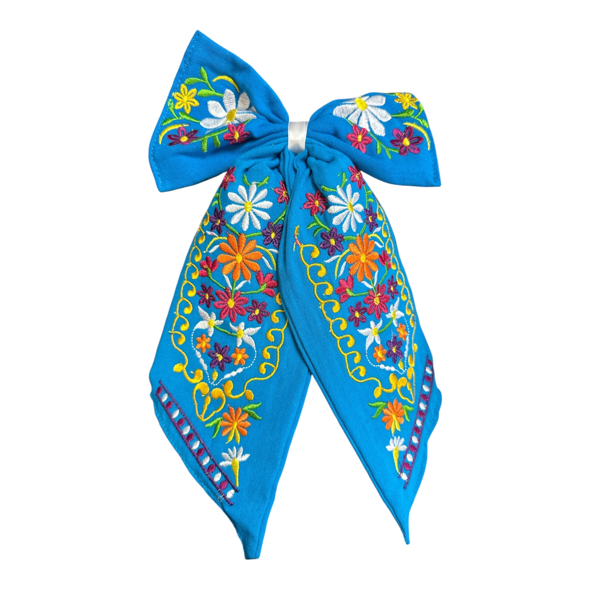 Moño Artesanal Bordado con Flores Mexicanas