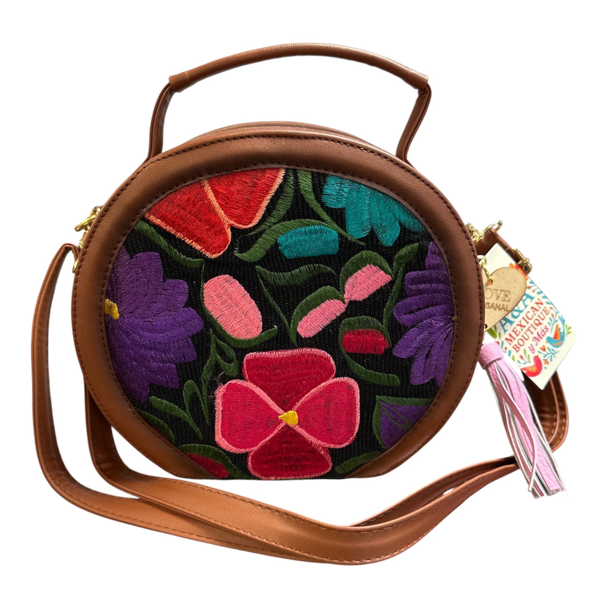 Bolsa 100%piel Redonda Bordada con Flores / leather Round Embroidered Floral Bag
