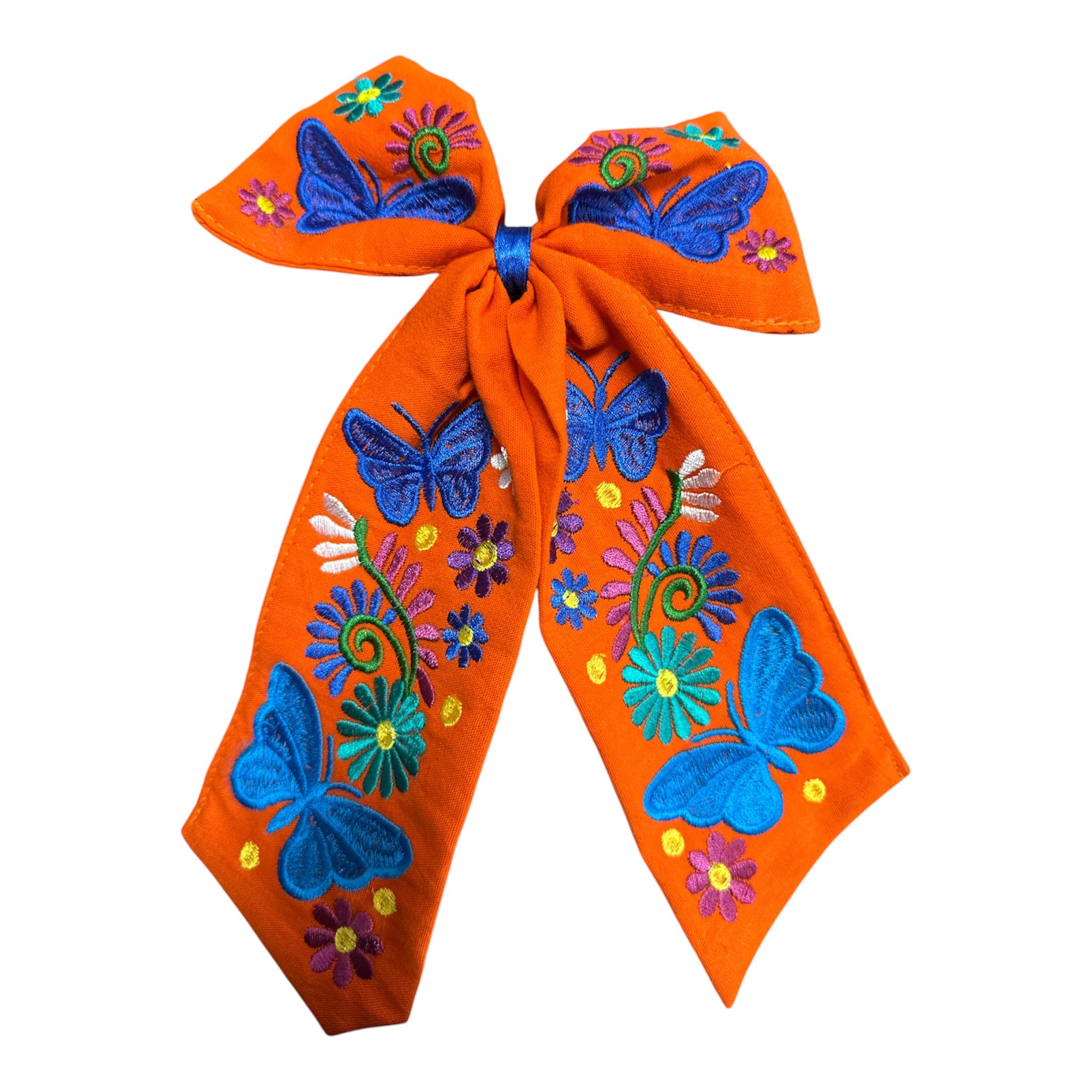 Moño Artesanal Bordado con Mariposas y Flores / Embroidered Artisan Hair Bow with Butterflies & Flowers