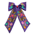 Moño Artesanal Bordado con Mariposas y Flores / Embroidered Artisan Hair Bow with Butterflies & Flowers