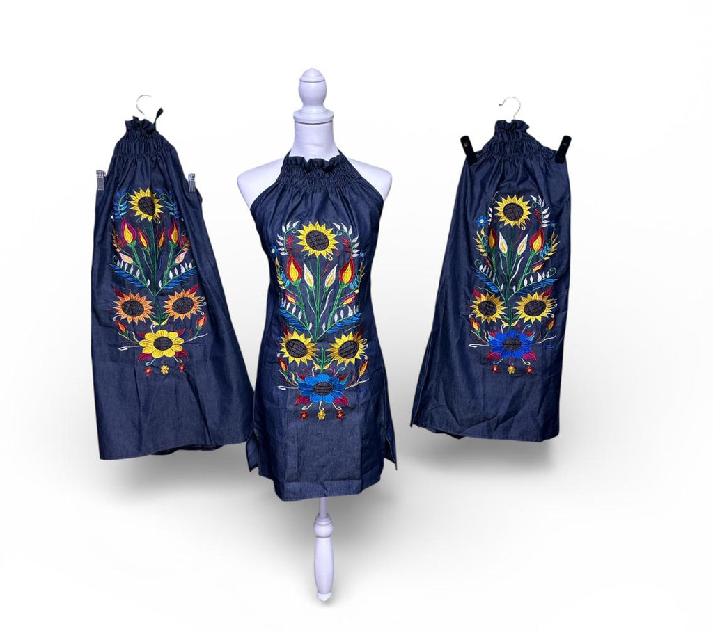 Mexican embroidered sunflower dress – navy blue artisan halter dress with floral embroidery