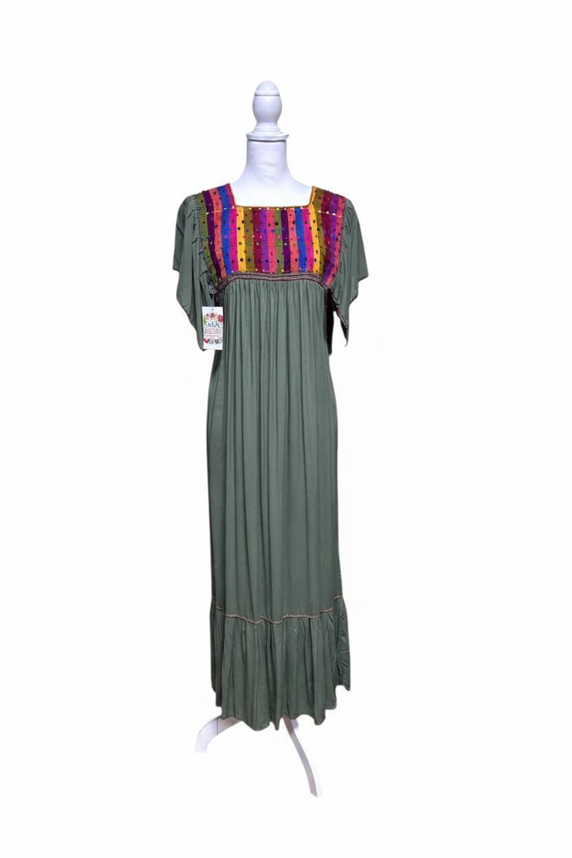 Multicolor embroidered Mexican artisan dress with butterfly sleeves and floral embroidery