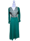 Elegant Mexican floral embroidered dress – emerald green with embroidered brocade bodice panel