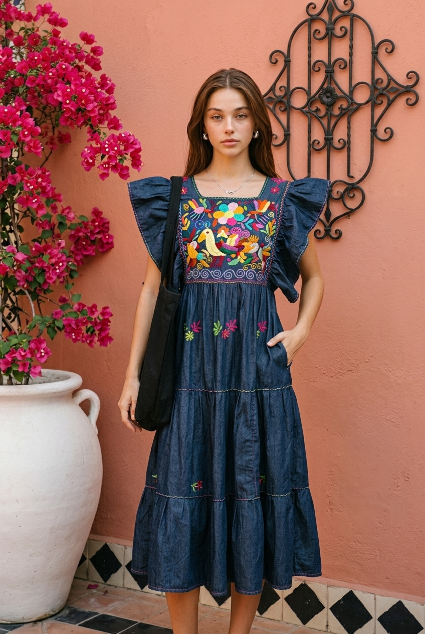 Hand-Embroidered Mexican Denim Dress