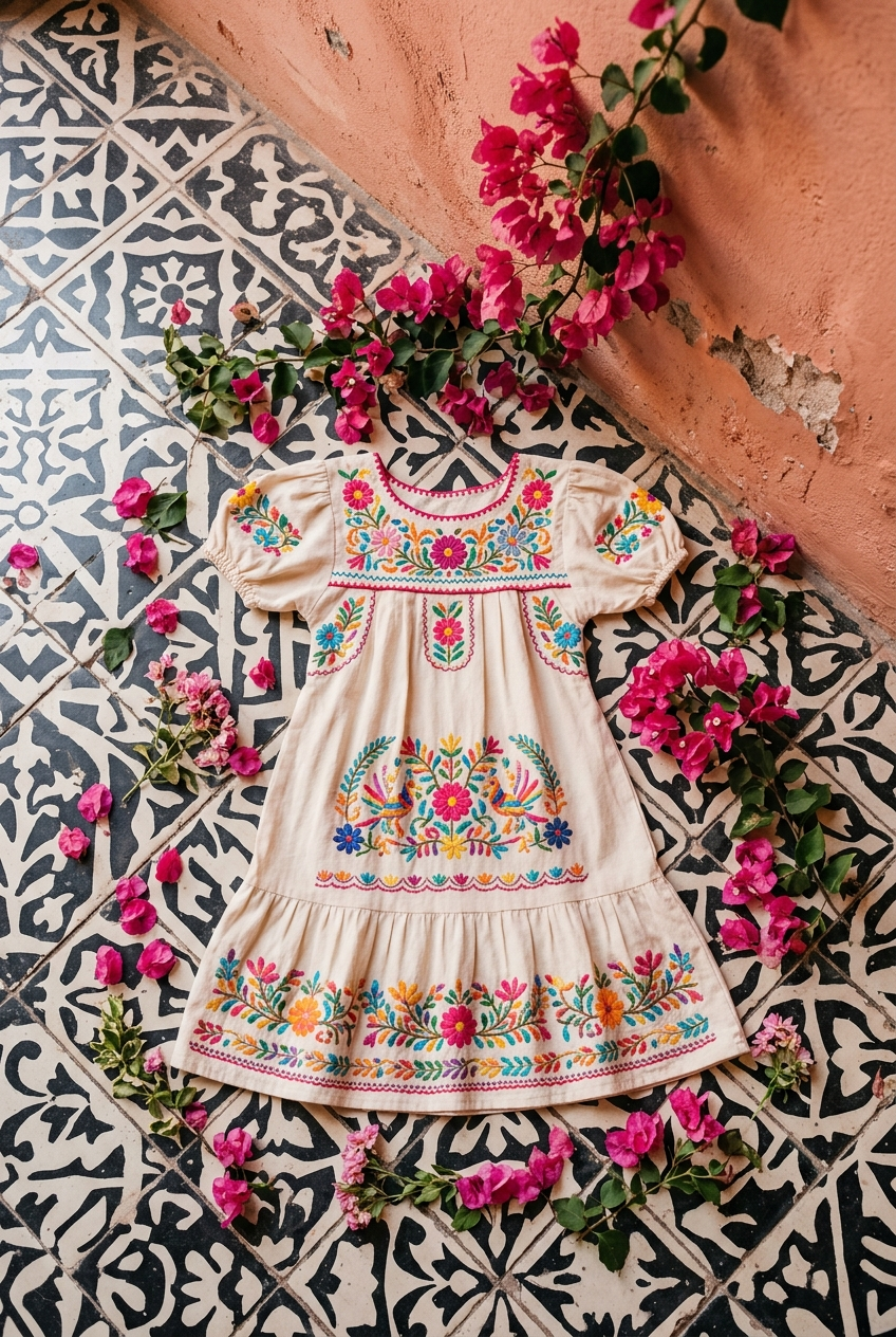 Vestido Nina Channel Bordado flat lay - A&A Mexican Boutique