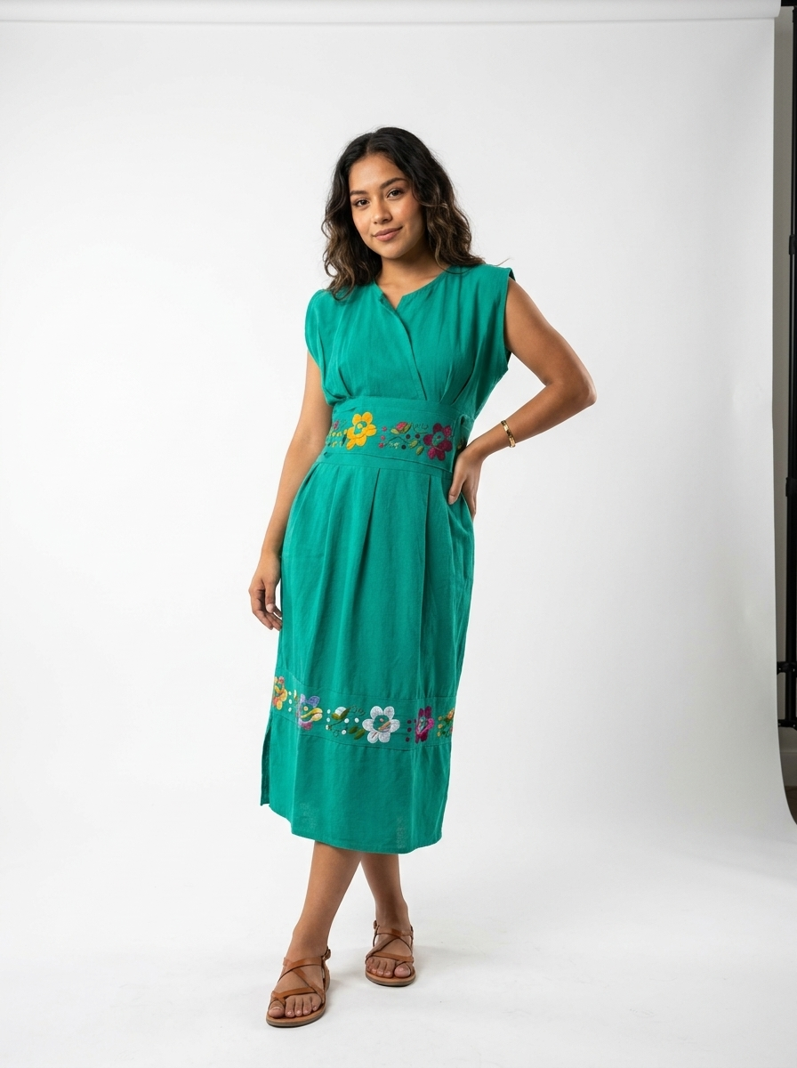 Mexican Floral Belt Midi Dress | A&A Mexican Boutique