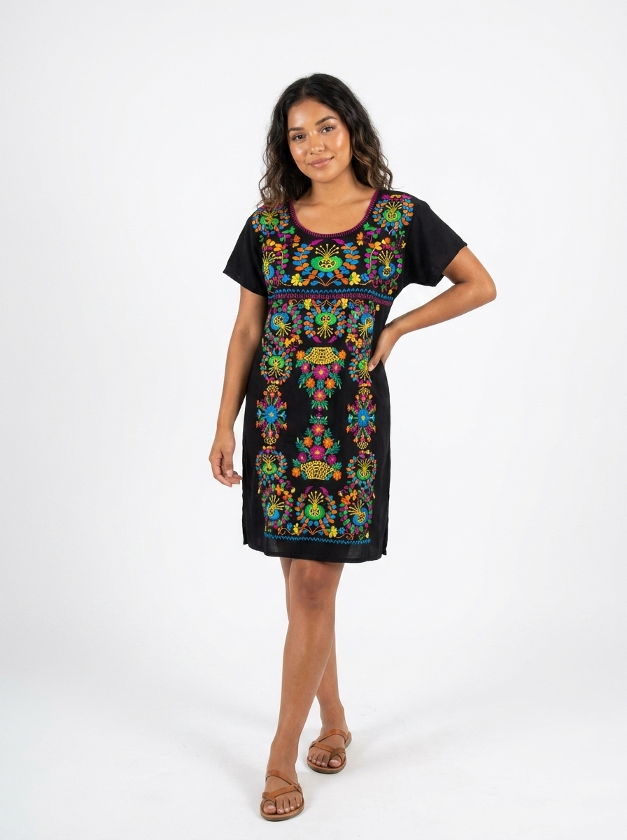 Mexican Short Rayon Embroidered Dress | A&A Mexican Boutique