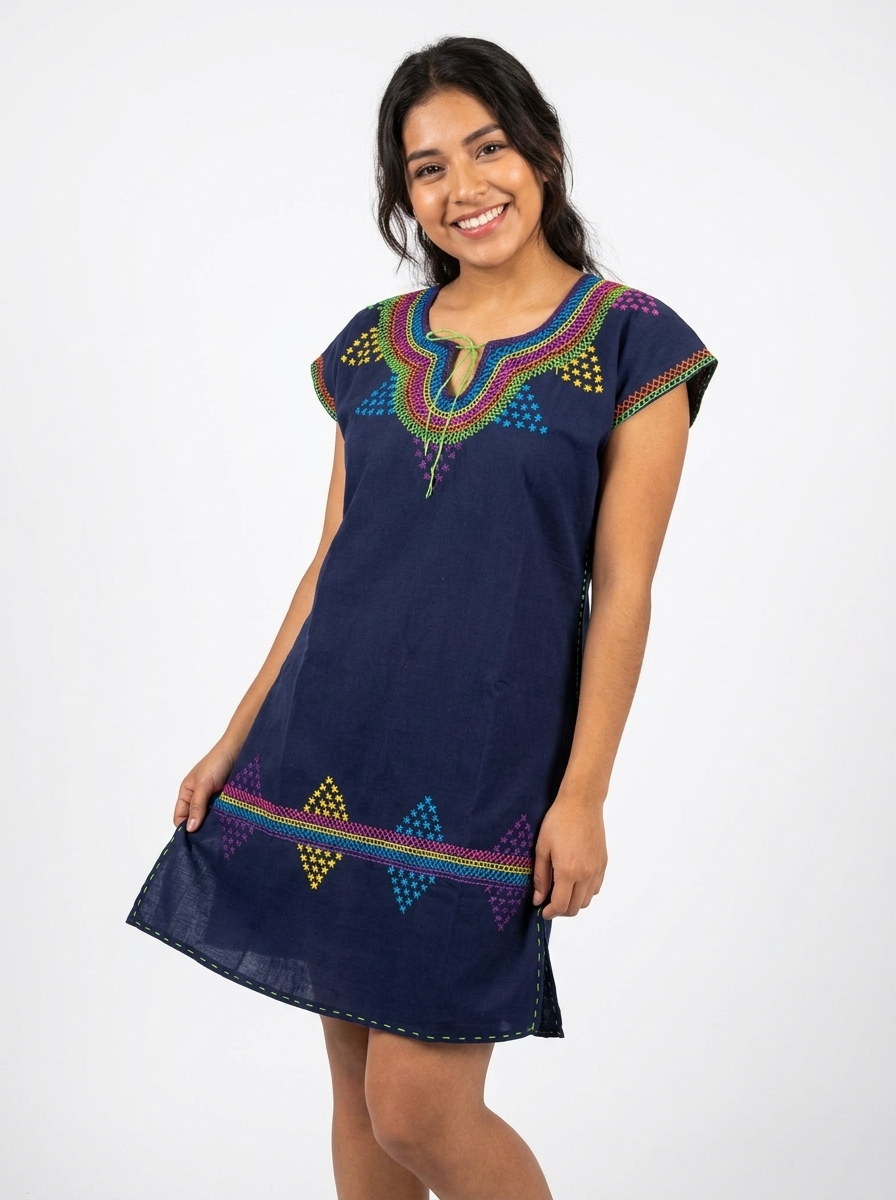 Mexican Short Embroidered Manta Dress | A&A Mexican Boutique