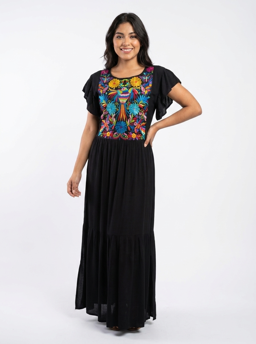 Mexican Hummingbird Rayon Slit Dress | A&A Mexican Boutique