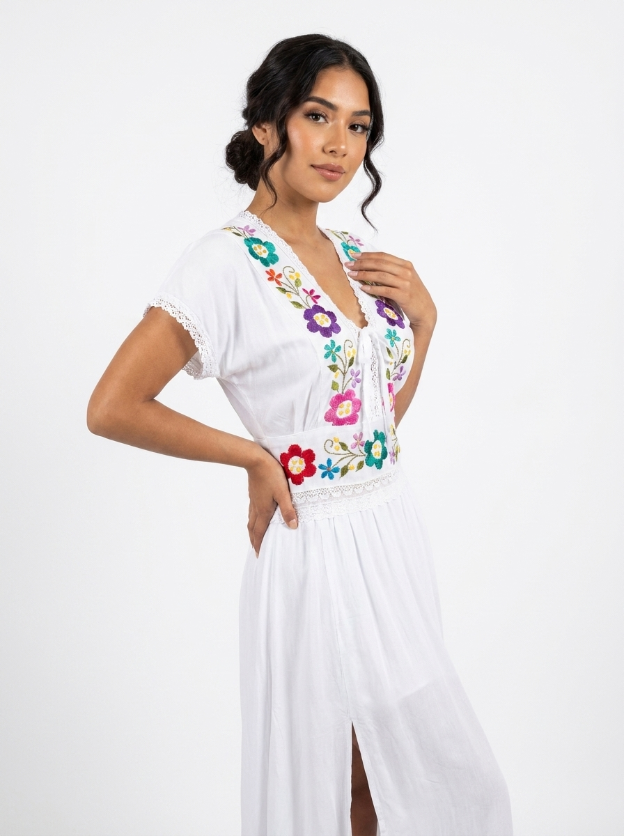 Mexican Rayon Embroidered Slit Dress | A&A Mexican Boutique