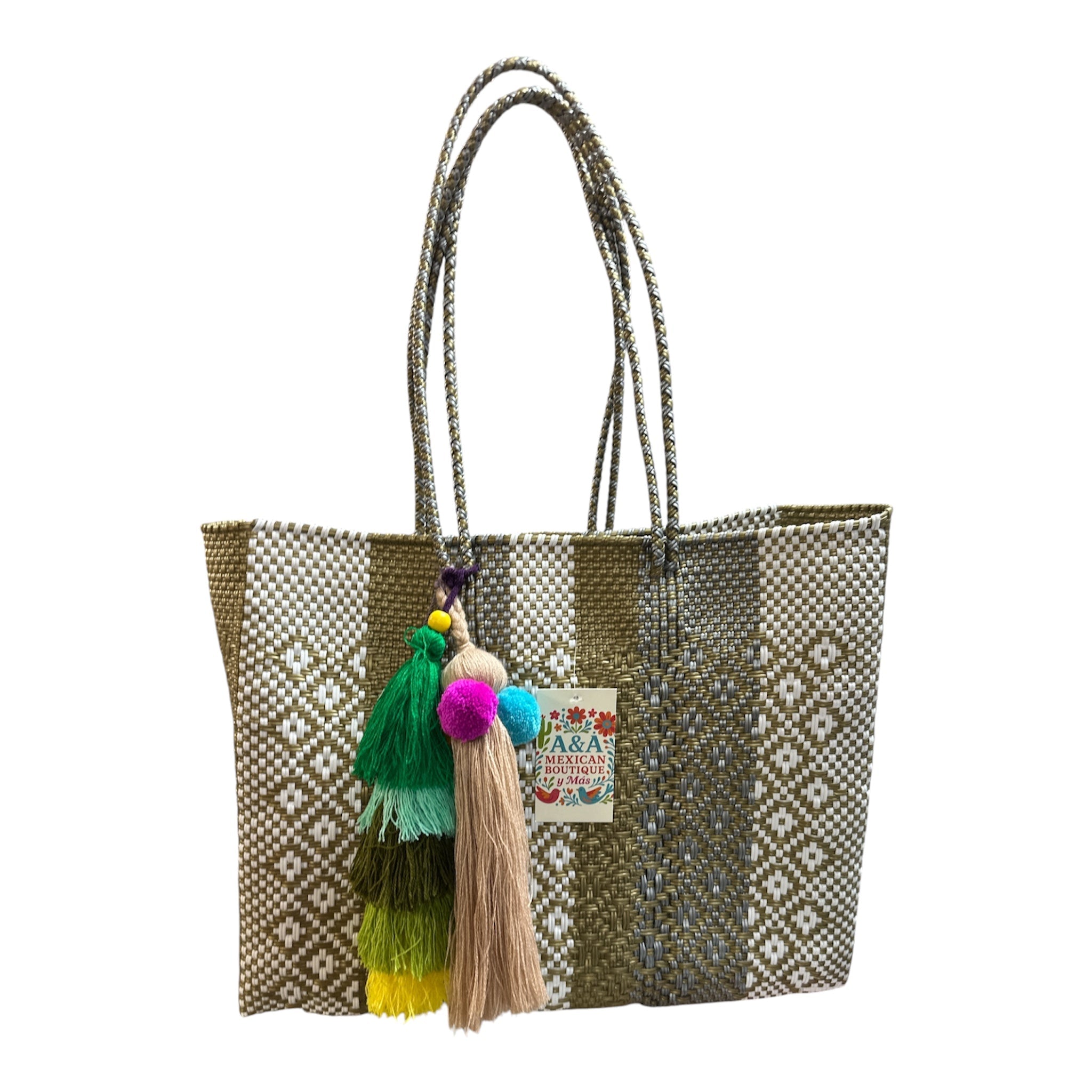 Large handwoven Mexican tote bag side view – big artisan woven bag with colorful pattern